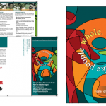 A brochure with a colorful design and a group of people.