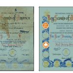 A blue and white certificate with an image of the king of america.